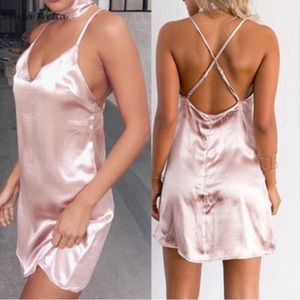 Reverse Pink Satin Slip Mini Dress Cross Back NWT